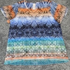 TIME AND TRU Top Women’s Size L Paisley Scrolls Scoopneck Sequins Stretch Sheer